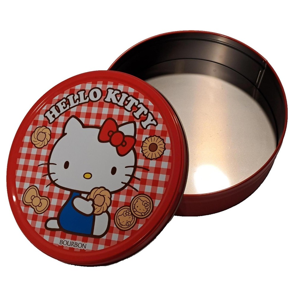 Sanrio Hello Kitty Bourbon Cookie Tin Red Gingham Round Metal Storage 2023